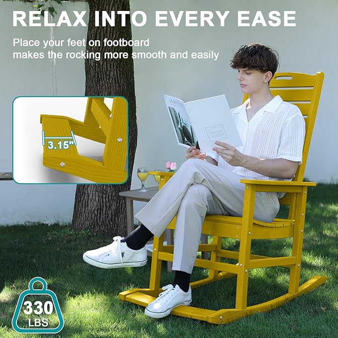Outdoor Rocking Chair Set of 4 with Removable Footboard for Adults, HDPE High Back Patio Rocking Chairs, 330lbs All Weather Porch Rocking Chairs for Outdoor & Indoor -Yellow