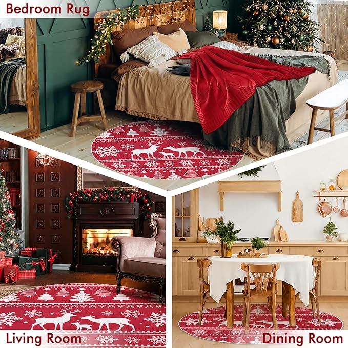6' Machine Washable Christmas Round Area Rug, Non-Slip Vintage Floral Circle Floor Rugs for Kids, Low Pile Room Carpet for Living Room, Bedroom, Dining Room & Nursery(6' Elk)