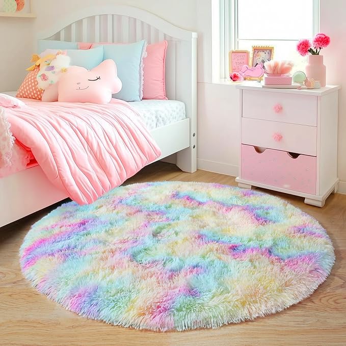 6‘x6’ Rainbow Round Rugs for Girls Bedroom, Ultra Soft Fluffy Circle Rug for Kids Room, Cute Shag Rugs for Living Room Playroom Tent Castle Home Decor Rug
