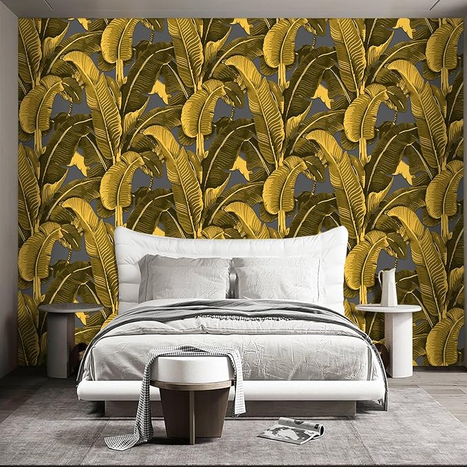 Vintage Gold Banana Leaf Bathroom wallpeper Living Room Bedroom Tropical Plant Wall Mural - 160"x108" (Not Peel and Stick)