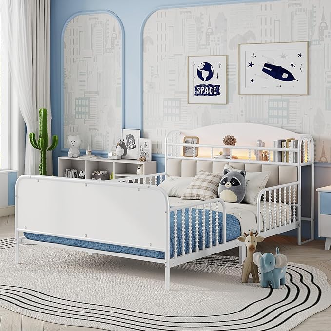 Ball & Cast Full Size Toddler Bed W/LED Light,Metal Bed W/Linen Fabric Upholstered Storage Headboard,Platform Bed Frame W/Safety Guardrails & Low Profile Design,for Boys Girls,White