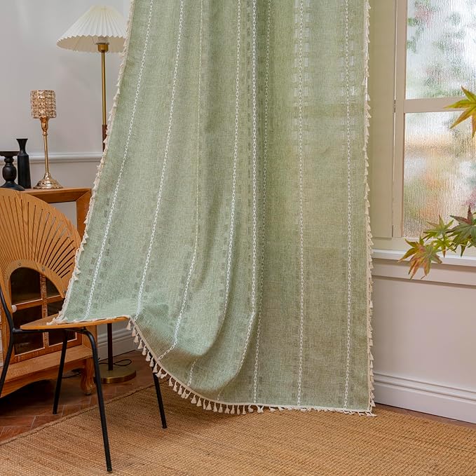 Deeprove Sage Green Boho Curtain 96 inches Length for Living Room Bedroom Nursery Doorway, Sheer Bohemian 96 inches Long Stripe Embroidery Privacy Window Fringe Christmas Decor W52 x L96, 1 Panel