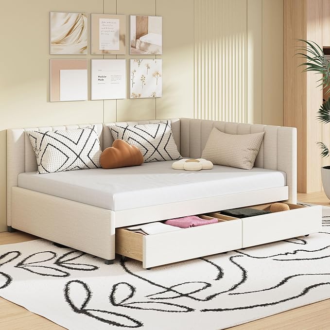 Harper & Bright Designs Full Size Upholstered Daybed with 2 Storage Drawers Sofa Bed Frame for Boys Girls Kids Adults Toddler No Box Spring Needed, Linen Fabric (Beige)