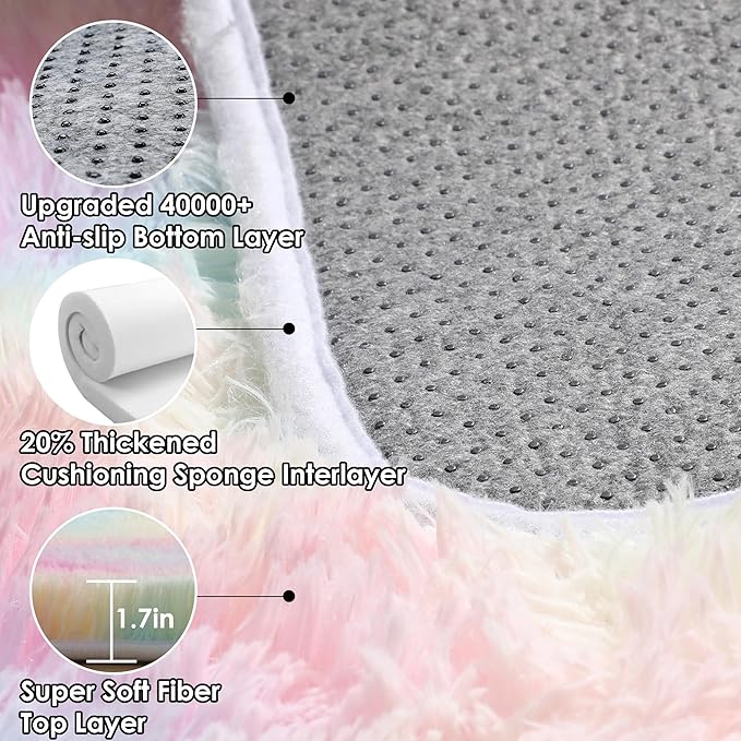 ONASAR Rainbow Area Rugs for Girls Bedroom, 4x6 Fluffy Bedside Colorful Rug, Cute Washable Soft Plush Shaggy Princess Fuzzy Indoor Floor Carpet for Nursery Kids Baby Teen Dorm Playroom Home Decor