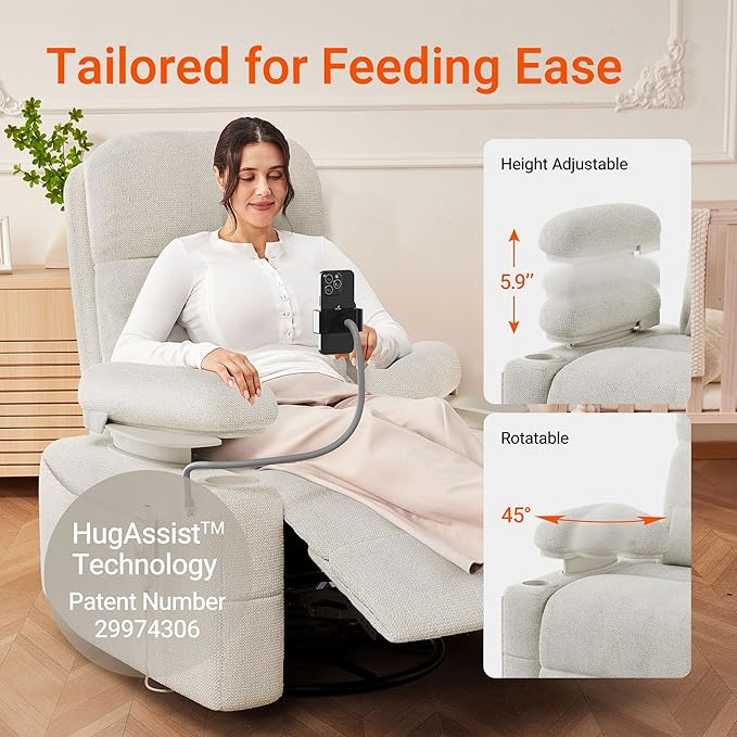 MAMAZING Oversized Electric Nursery Rocking Chair with Adjustable Armrests, Power Recliner Glider Nursing Chair for Breastfeeding, USB & Type-C Ports, Phone Holder, Oeko-TEX & FSC Certified(Beige)