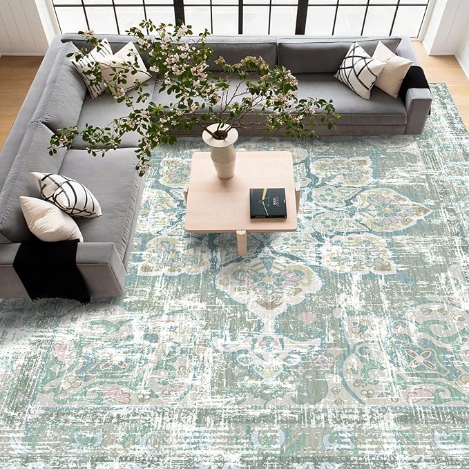 Vhong Boho Area Rugs Vintage Washable Neutral Modern Pale Green 9x12 Large Carpet for Farmhouse Living Room Dining Room Bedroom Non Slip