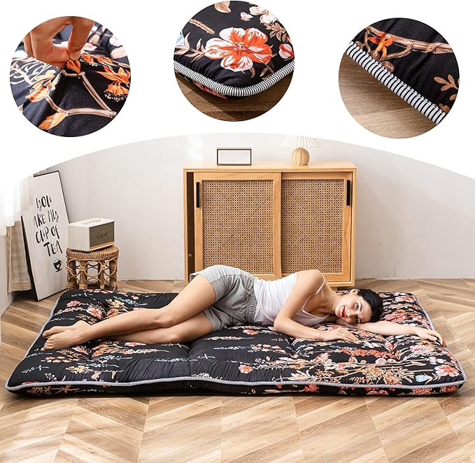 Black Floral Japanese Futon Floor Mattress, Bed Mattress Topper Portable Thick Sleeping Pad Floor Bed Roll Up Camping Mattress Folding Couch Bed Mattress Pad for Guest Room, Twin Size