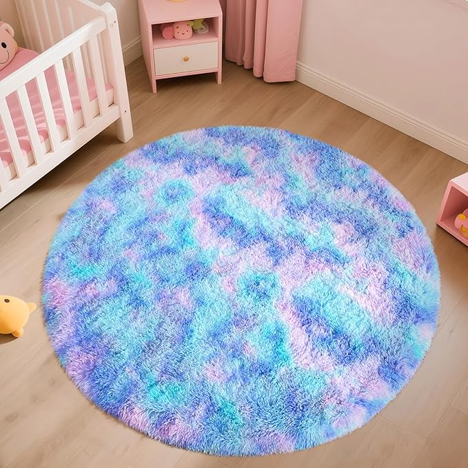 Rainbow Round Rug for Bedroom, 4Ft Fluffy Circle Area Rugs for Living Room, Shag Fuzzy Carpet for Kids Room, Nursery, Dorm, Classroom, Teen, Cute Baby Play Mat Home Decor Aesthetic, Blue