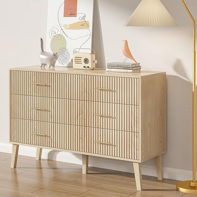Accent 6 Drawer Dresser, Modern Closet Dressers Chest of Drawers with Fluted Panel, Living Room Bedroom Nursery Entryway and Hallway (Oak)
