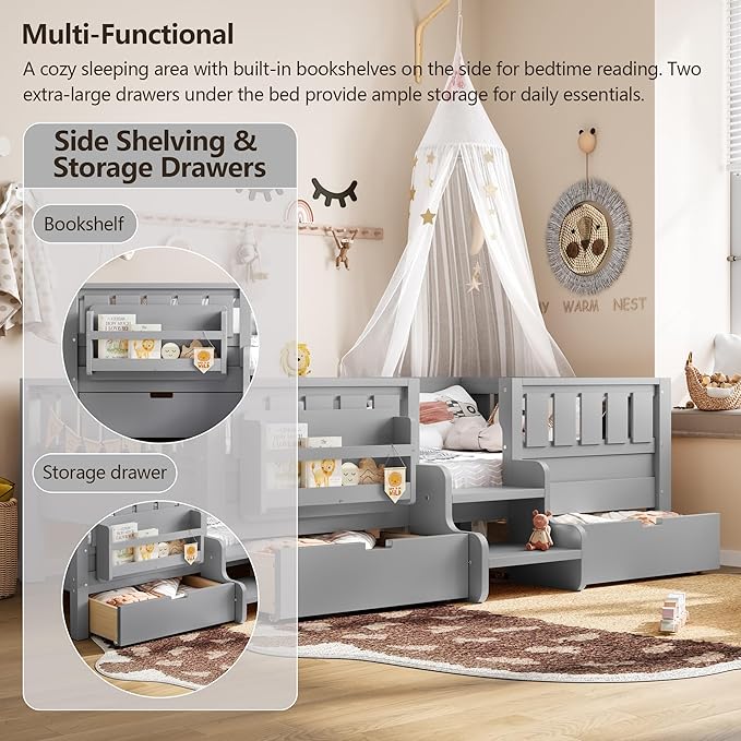 Bellemave Twin Bed with Slats and Stairs, Twin Size Platform Bed Frame with Fence, Bookshelf and Storage Drawers, Easy Assemble Beds for Kids, Girls, Boys, Gray