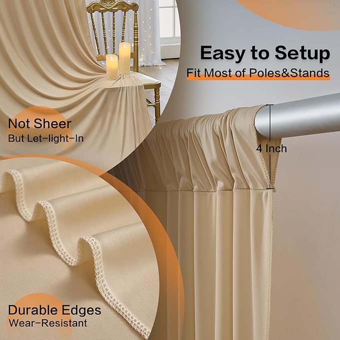 30×14 ft Wrinkle Free Beige Backdrop Curtain for Weddings Parties, 6 Panels 5×14ft Long Silky Polyester Photo Backdrop Drapes for Birthday Baby Shower Photography Background Cloth