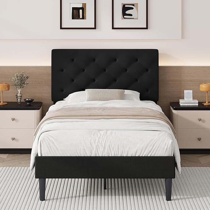 BarnFurin Twin Bed Frame, Upholstered Platform Bed with Button Tufted Headboard, Fabric Bed Frame with Wooden Slats Support, No Box Spring Required, Easy Assembly, Black