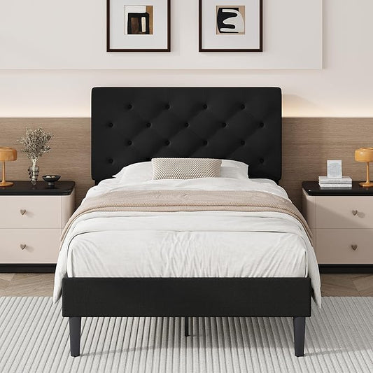 BarnFurin Twin Bed Frame, Upholstered Platform Bed with Button Tufted Headboard, Fabric Bed Frame with Wooden Slats Support, No Box Spring Required, Easy Assembly, Black