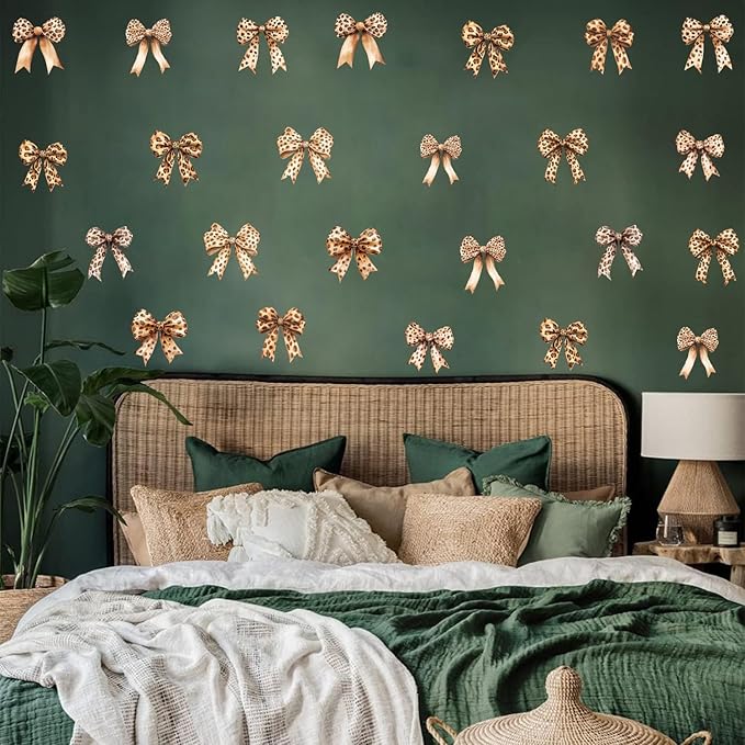 Watercolor Leopard Bow Wall Stickers, Cheetah Bow Knot Vinyl Wall Decals, Removable Bowtie DIY Wall Art for Girls Wowen Bedroom Living Room Decor