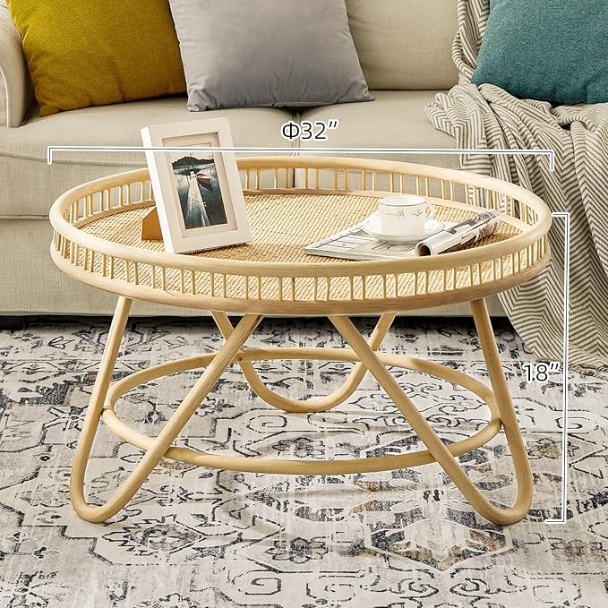 FINECASA Round Rattan Coffee Table, 32'' Wicker Boho Hand-Woven Top, Modern Unique Farmhouse Tray Top Center Table for Living Room Apartment Small Space, Natural Rattan