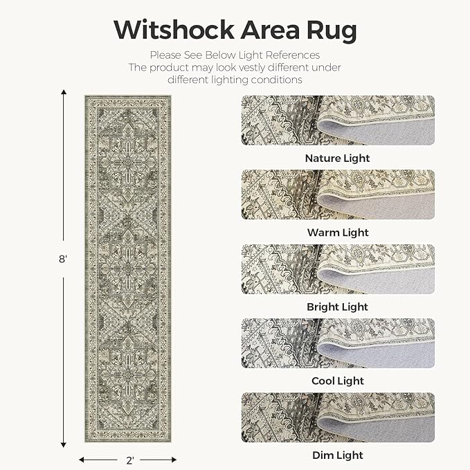 WITSHOCK 2x8 Runner Rug for Hallway, Washable Rug Distressed Boho Soft Low Pile Stain Resistant Foldable Carpet for Kitchen Entryway Indoor Entrance Laundry Farmhouse Home Decor, Brown/Lvory