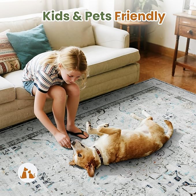 AMTOVO 2x3 Washable Entryway Area Rug Door Mat, Vintage Boho Distressed Print Pattern Non-Slip Carpet, Small Throw Rug for Indoor Entrance Kitchen Bedroom Bathroom Laundry Floor, Light Grey