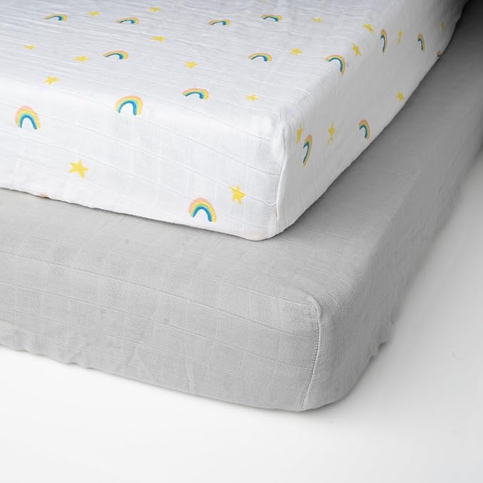 Salt Earth 100% Organic Cotton Muslin Standard Fitted Crib Sheet, 52"x28", 2 Pack Soft Breathable Natural Cotton Sheets Baby Mattress Bed Sheets, No Slip Neutral Baby Crib Sheet (Silver & Rainbow)