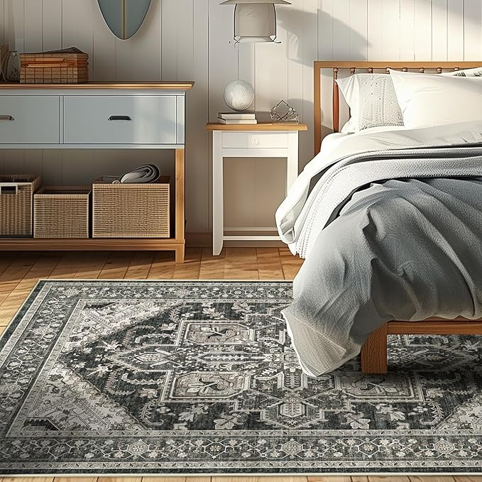 WITSHOCK Living Room Area Rugs 4x6: Washable Rug Boho Soft Non-Slip Low Pile Stain Resistant Foldable Carpet for Bedroom Playroom Dining Room Office Kitchen Farmhouse Home Decor Rug-Bitter Black