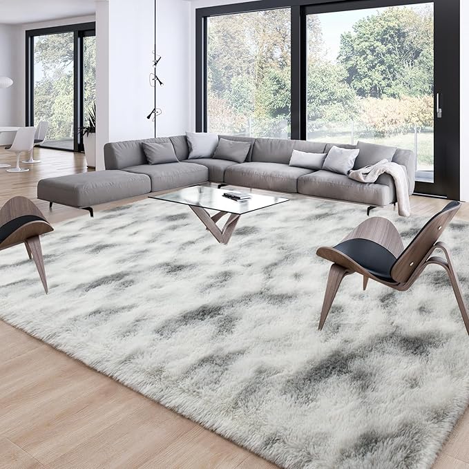 Merelax Large 6x9 Fluffy Soft Rugs for Livingroom Bedroom, Tie-Dyed White Grey Shaggy Area Rug, Abstract Fuzzy Plush Carpet Comfy Nursery Rug for Kids Dorm Indoor Home Decor Aesthetic