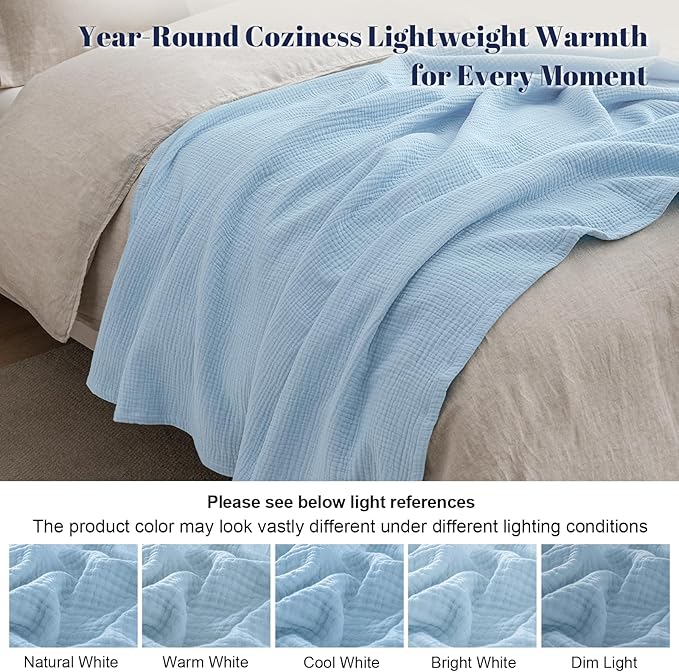 PHF 100% Cotton Muslin Blanket Twin XL Size 66"x90", 4-Layer Lightweight Gauze Throw, Breathable Cloud-Soft Minimalist Blanket for Bed, Couch, Camping & Baby, Sky Blue, Ideal Gift