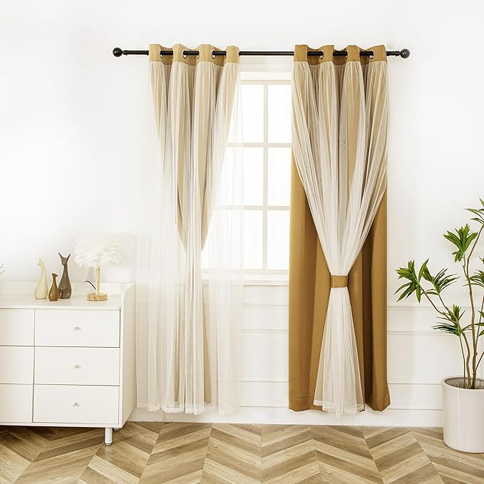 INLINAS Gold Blackout Curtains with Sheer Overlay - Grommet Top Thermal and Noise Reduction Panels for Bedroom and Living Room Light Blocking and Energy Saving, 52 x 84 Inches, Set of 2