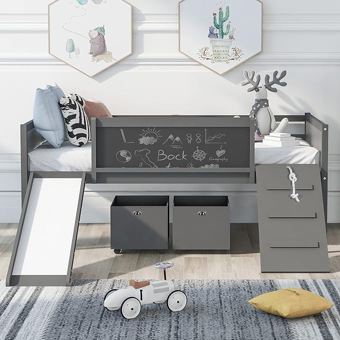 Play Fun Design Twin Size Loft Bed with Slide and Rope Climbing Ladder for Kids Boys Girls, Solid Wood Loft Bed Frame with 2 Storage Boxes and Double-sided Chalkboard, Sturdy Slat Support (Gray-2)