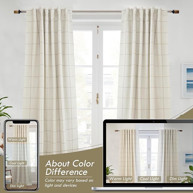 DriftAway 2 Panels 100% Blackout Windowpane Plaid Linen Curtains Double Layer Drapes for Bedroom 90 Inches Long Farmhouse Thermal Insulated 3.25 Inch Rod Pocket Back Tab for Living Room Taupe