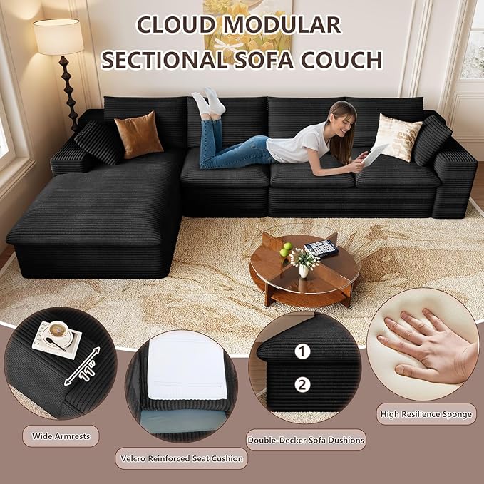 136 Inch Cloud Sectional Couch, Modern Modular Sectional Sofa with Deep Seat, Corduroy Boneless Couches with L-Shape Chaise for Living Room Bedroom, No Assembly Required (Black, Left Facing Chaise)
