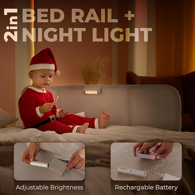 Toddler Bed Rail with Night Light - Foldable Bed Side Rails - Fits for Most Beds: Bed Rails for Full Size Bed, Queen Size Rails, Twin Rails - Portable Fence for Baby - 48 inch