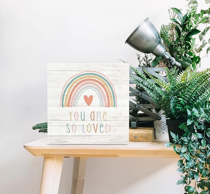SRADMO You Are So Loved Rainbow Heart Wood Box Sign Desk Decor, Kids Inspirational Quotes Wooden Block Box Sign Decoration For Nursery Playroom Kids Room Shelf Table Decor
