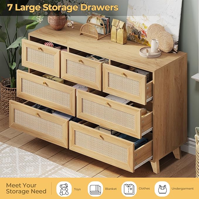 AOGLLATI Rattan Dresser for Bedroom with 7 Drawer, Modern Wooden Wide Bedroom Dresser, Chest of Drawers with Metal Handle & Solid Wood Legs for Bedroom/Living Room, Wood