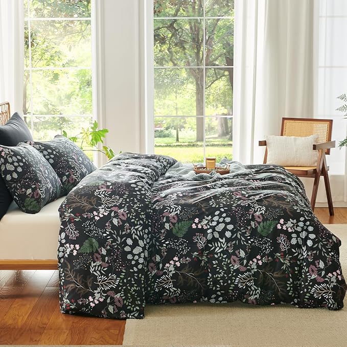 Floral Duvet Cover King 3 Pieces Elegant Flower Bedding Set Farmhosue Aesthetic Bedding Soft Microfiber Black Duvet Cover Set with 2 Pillowcases