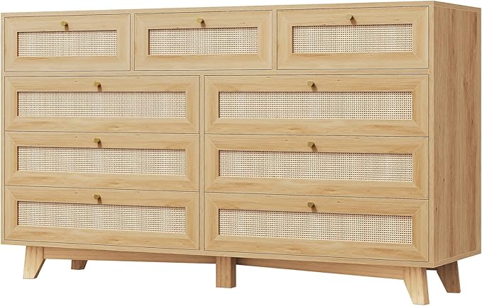 AOGLLATI Rattan Dresser for Bedroom with 9 Drawer, Modern Wooden Long Bedroom Dresser, Chest of Drawers with Metal Handle & Solid Wood Legs for Bedroom/Living Room, Wood