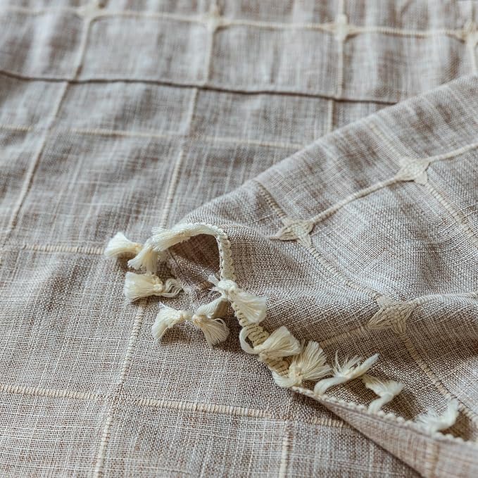 Deeprove Boho Curtains 96 Inches Long for Bedroom, Cotton Linen Light Brown Plaids Embroidery Semi Blackout Bohemian Aesthetic Window Treatment Grids Drape Tassels, 1 Panel W52 x L96 Tan