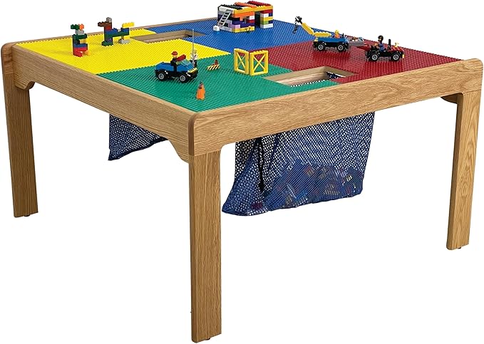 Fun Builder® #1 Rated American-Made 4 Color Lego® Compatible Wood Table with Built-in Storage(Patent)-Built to Last Generations!-NO Tools-5 Minute Assembly(Patent) 32"x32" Ages 5 & Less