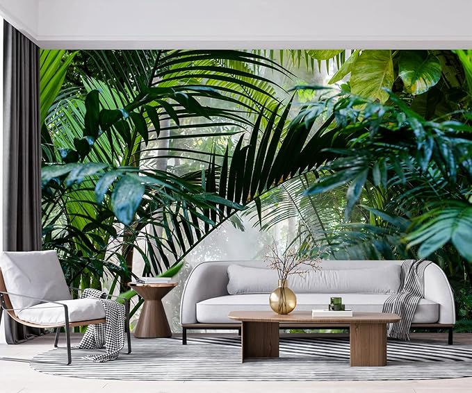 -Rainforest Leaves Fabric Wallpaper Green Trees Mural Bedroom 180" x 115" (Not Peel and Stick)