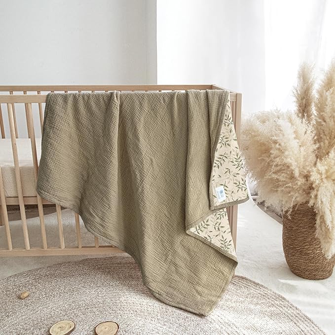 lulumoon Baby Muslin Blanket Neutral: Skin-Friendly Leaf Toddler Blanket - Ideal for Stroller 47"× 47" (Olive Branches)