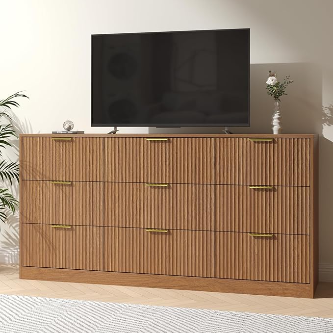 Fluted Dresser for Bedroom with 9 Drawer, 63” Wide Wooden Dresser Mid Century Chest of Drawers with Handle, Dressers TV Stand Storage Organizer for Bedroom, Living Room, Natural Wood