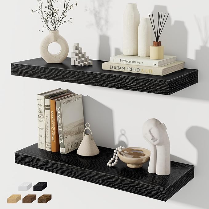 Floating Shelves for Wall, 24 Inch Floating Shelves Set of 2, Wall Mounted Rustic Wood Shelf for Bathroom, Living Room, Bedroom and Kitchen, Hanging Shelf for Storage, Books, Home Decor, Black