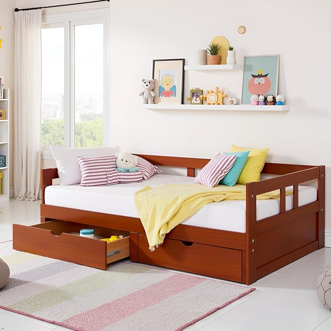 Melody Twin to King Extendable Daybed with Trundle and Storage Drawers – Solid Brazilian Pine Wood Guest Bed with 400lb Capacity for Kids, Teens, or Adults by Aalaterre Furniture (Chestnut Finish)
