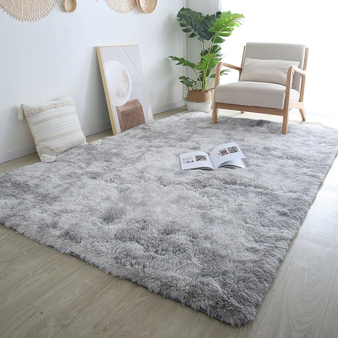 CAIYUECS Shag Area Rug for Living Room: Indoor Ultra Soft Plush Rugs for Bedroom Living Room - Non-Skid Modern Nursery Faux Fur Rugs for Kids Room Home Decor (Tie-Dyed Light Gray, 6x9 Feet)