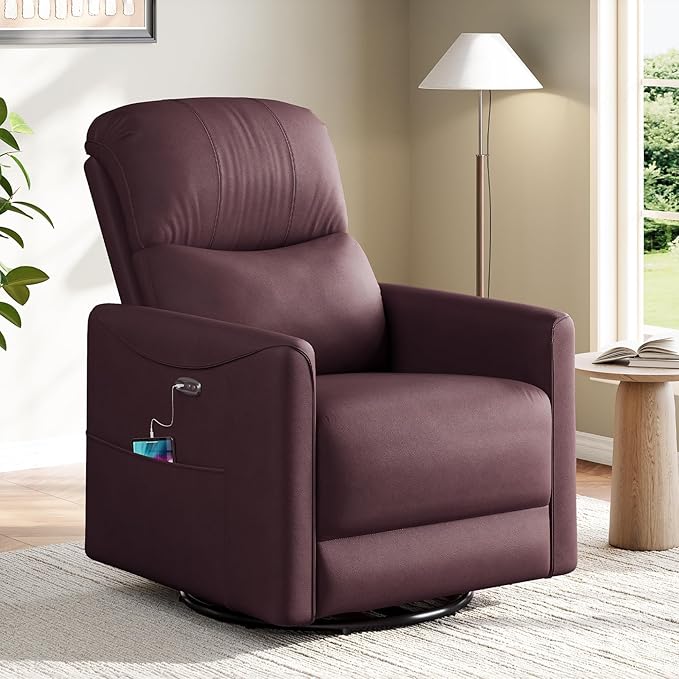 Power Swivel Rocker Recliner, 360° Swivel Nursery Rocking Chair, PU Leather Glider Rocking Recliner, Infinite Position Electric Chair for Adults with USB Port for Living Room, Burgundy