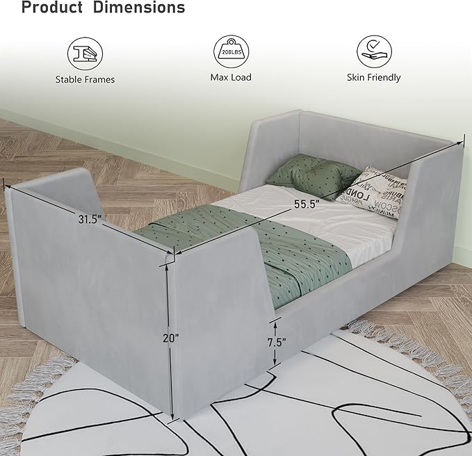 Toddler Bed, Toddler Floor Bed Frame with Guard Rails, Kids Bed for Ages 2-6 Years, Certified Fabric Beds