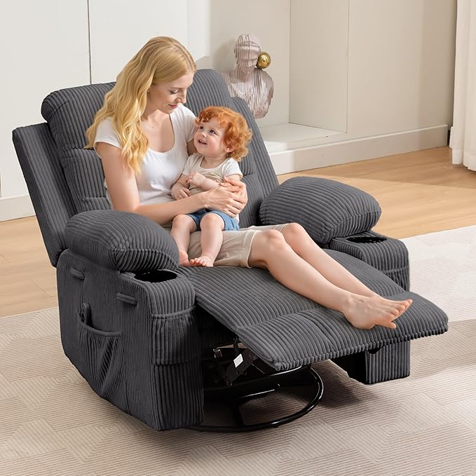 Recliner Chair Nursery, Oversized Manual Reclining Rocking Chair, Corduroy 360 Swivel Glider with Cup Holder, Massage and Heat Recliner, Small Sofa Chairs for Adults, Living Room, RV, Bedroom, Gray