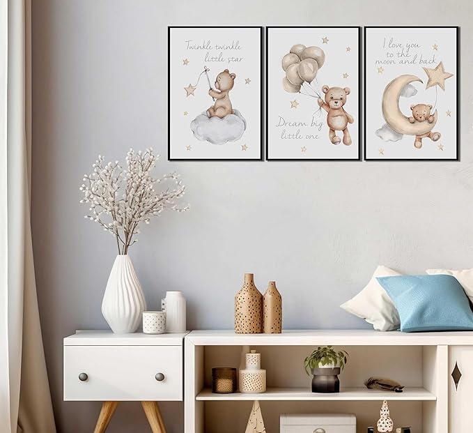 3Pcs Nursery Teddy Bear Wall Art Cute Little Bears Wall Decor Slepping Teddy Bears Posters Prints Moon Star Cloud Neutral Nursery Canvas Pictures for Kid's Room or Bedroom Painting Unframed