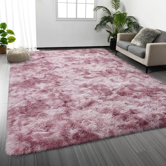 Large Shag Area Rugs 5 x 8, Tie-Dyed Plush Fuzzy Rugs for Living Room, Ultra Soft Fluffy Furry Rug for Bedroom, Indoor Carpet Nursery Rugs for Kids Room Home Decor, Pink Purple