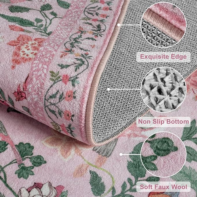 Pink Floral 5x7 Area Rug, Washable Non-Slip Boho Rugs for Living Room Low Pile Flower Birds Bedroom Rug, Soft Non-Shedding Botanical Indoor Carpet for Nursery Playroom Dining Room