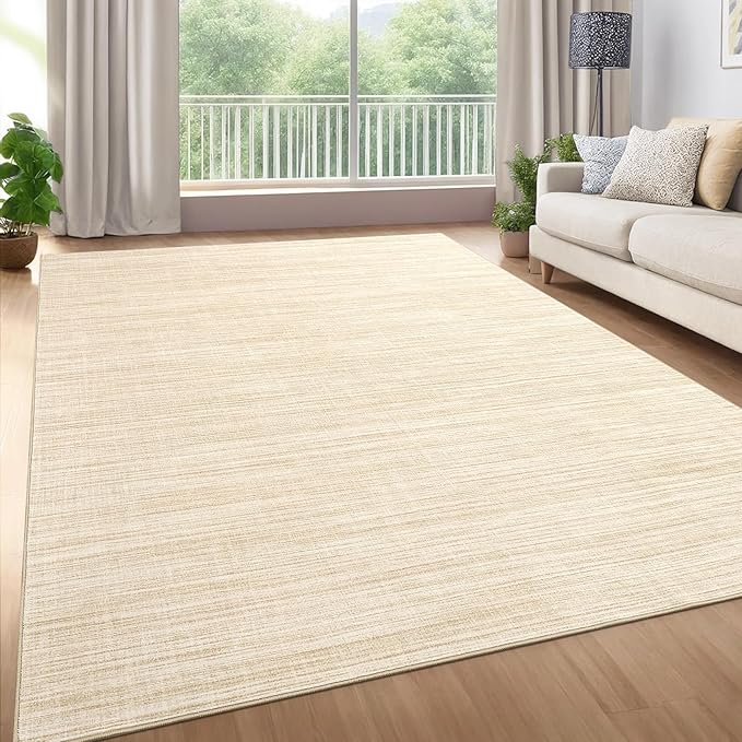 Washable Area Rug 8x10 for Living Room Bedroom Non Slip Minimalist Solid Color Area Rugs Modern Abstract Plain Dining Room Throw Carpet Low Pile Soft Classic Boho Rugs for Kitchen Nursery Oiifce,Beige