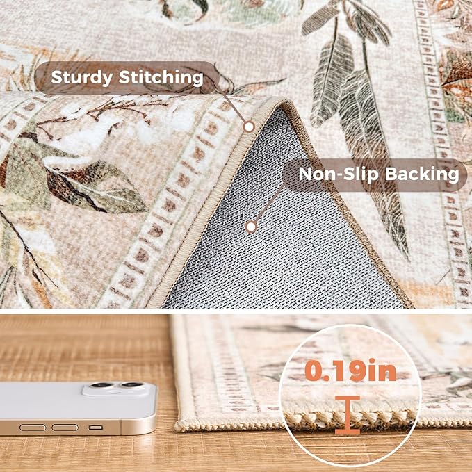 jinchan Round Rug 7ft Beige Jungle Animals Print Living Room, Machine Washable 7' Circle Modern Soft Non-Slip Forest Plant Kids Room Throw Area Rug, Low Pile Carpet for Dining Room Bedroom Playroom